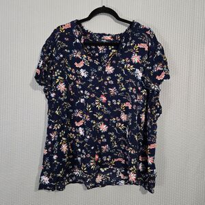 Angels Womens V-Cut Navy Floral Short Sleeve Blouse Size‎ 3X Boho Frilly Flowy